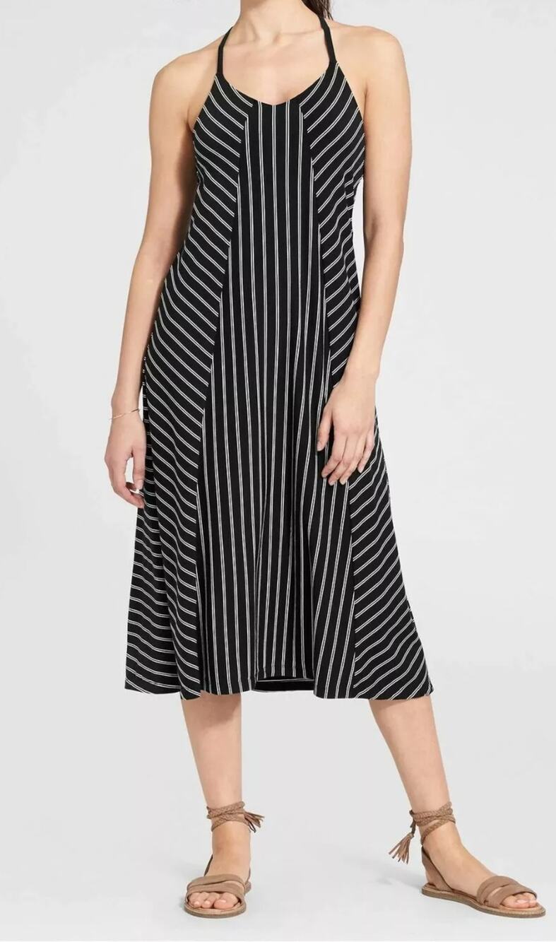 Athleta Black Stripe Mix Swing Athleisure Travel Dress XS Xtra-Small A1.7